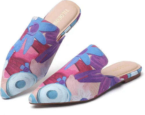 Vista 11 de Tilocow Mules para mujer, cómodos mocasines puntiagudos, sin espalda, planos, zapatos casuales de negocios, deslizantes, sin cordones beige