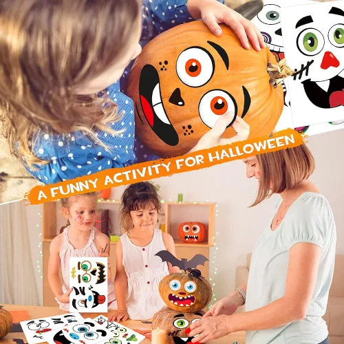 Vista 6 de Calcomanías decorativas de calabaza de Halloween, 26 hojas, 56 calcomanías faciales en total, kit de manualidades de pintura de calabaza, decoración