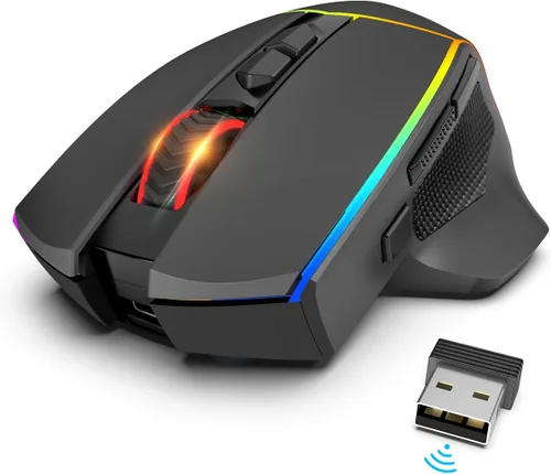 Vista 7 de Redragon Ratón inalámbrico para juegos, Tri-Mode 2.4GUSB-CBluetooth ergonómico, 8000 DPI, mouse inalámbrico programable con retroiluminación RGB