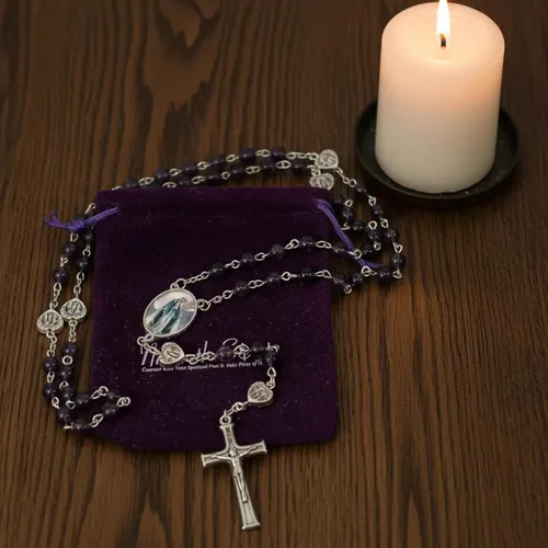Vista 6 de Nazareth Store Cuentas de piedra natural con corazón de epoxi milagroso, cuentas de metal, collar de rosario, regalos cristianos de piedras preciosas