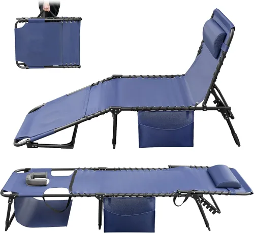 Vista 12 de Greesum Chaise Lounge Silla de bronceado plegable con respaldo ajustable de 5 posiciones, almohada desmontable y bolsillo exterior para piscina Negro