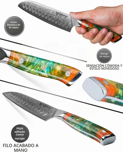 Vista 3 de Santoku Cuchillo de 7 pulgadas - Serie Xuan - Cuchillo de cocina de acero Damasco VG10 - Mango de resina (naranja fantasía)
