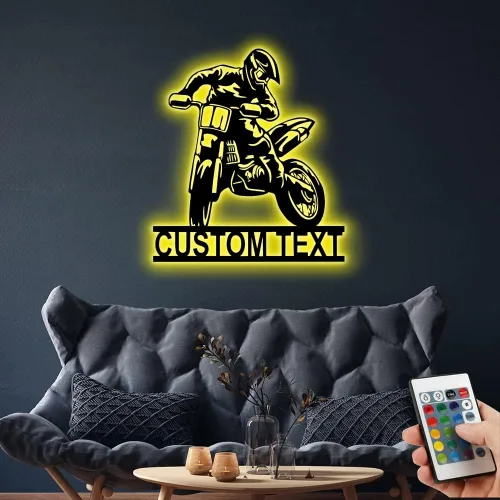 Vista 6 de Arte de pared de metal personalizado para motocross con luz LED, luz nocturna personalizada con nombre de motocross, decoración de lámpara de neón