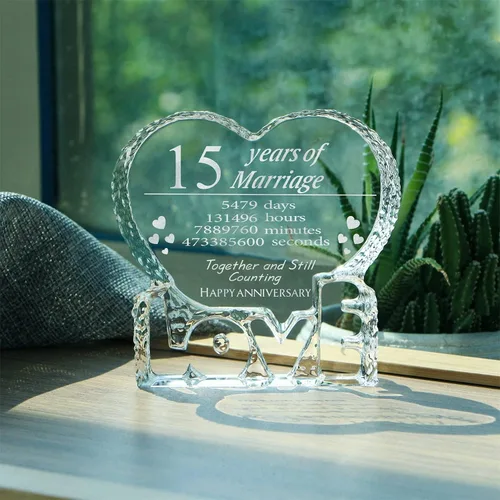 Vista 5 de KWOOD Cristal grabado personalizado en forma de corazón, regalo de boda de 15 aniversario para parejas, esposa, novia, marido, novio (15 aniversario)