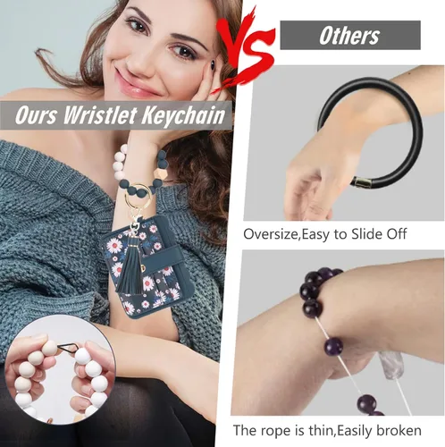 Vista 5 de KNGITRYI Cartera llavero pulsera para mujer, delgado RFID tarjeta de crédito, monedero, borla llavero brazalete para hombres y mujeres, Margarita