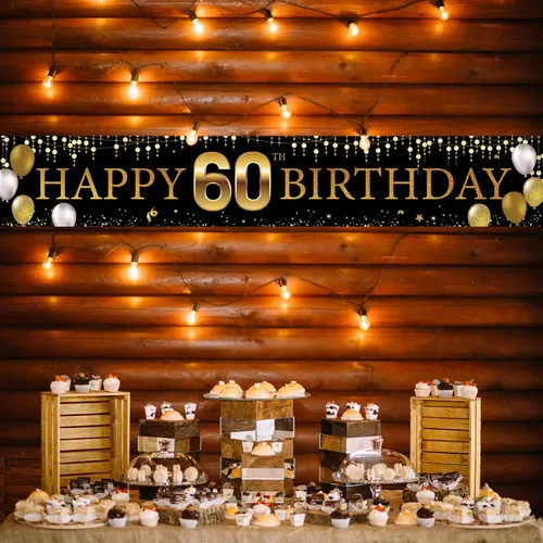 Vista 5 de Cartel decorativo de 60 cumpleaños para patio, decoración de feliz cumpleaños 60 para hombres y mujeres, cartel de fiesta de cumpleaños negro dorado