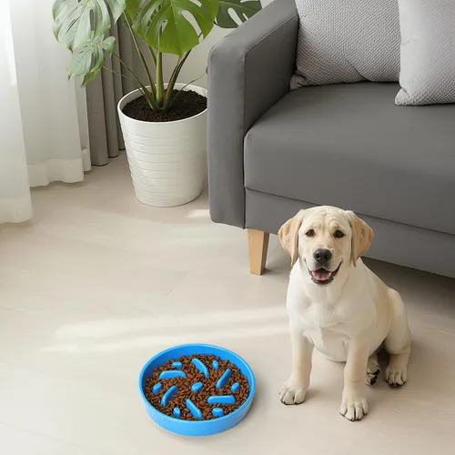 Vista 8 de Cuenco de cerámica para perros de alimentación lenta, 2 tazas de plato de Laberinto - Azul