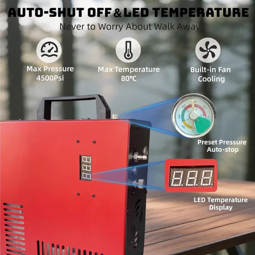 Vista 6 de Thunder - Compresor de aire PCP de 4500 psi, recarga de hasta 1.6 L, llenado rápido para pistolas de aire o tanque de paintball, apagado automático