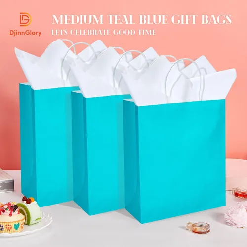 Vista 3 de DjinnGlory Paquete de 24 bolsas de regalo de papel azul turquesa de tamaño mediano con asas de 10 x 8 x 4 pulgadas y 24 papel de seda para Verde