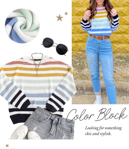 Vista 5 de ZESICA Women's 2023 Fall Long Sleeve Crew Neck Striped Color Block Casual Loose Knitted Pullover Sweater Tops