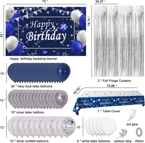 Vista 3 de Decoraciones de cumpleaños azules para hombres, decoraciones de feliz cumpleaños para hombres, mujeres, niños, decoración de fiesta, telón de fondo