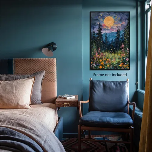 Vista 4 de Yuaruo Póster vintage de luna llena sobre las flores silvestres, lienzo místico de bosque de medianoche para pared, pintura al óleo retro de flores