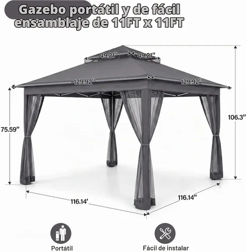 Vista 8 de LAUSAINT HOME Tienda de campaña con toldo desplegable de 11 x 11 pulgadas con mosquitera, color gris