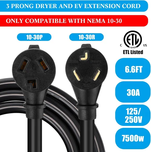 Vista 2 de Kanayu Cable de extensión NEMA 10-30p/r para secadora de 3 clavijas de 6.6 Negro