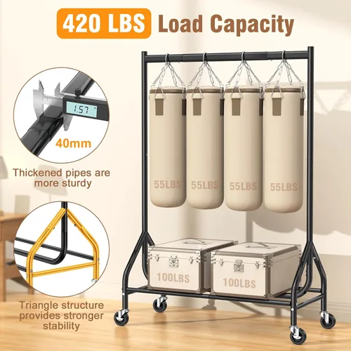 Vista 2 de EAGMAK - Perchero resistente para ropa con capacidad de carga de 420 LBS, perchero enrollable para ropa con ruedas bloqueables, perchero de metal