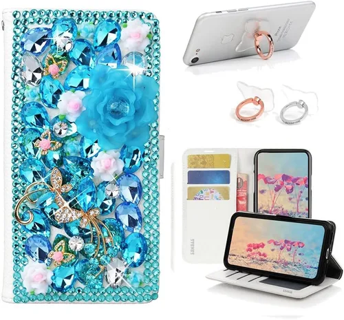 Vista 6 de Bling - Funda tipo cartera compatible con iPod Touch 5 y iPod Touch 6, elegante funda de piel con diseño de mariposas y flores 3D hechas a mano