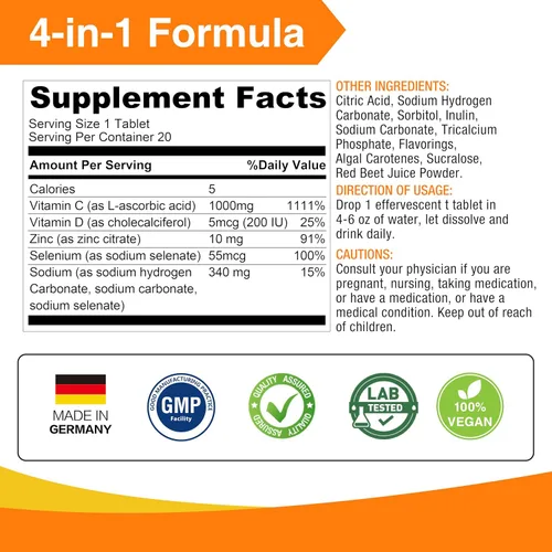 Vista 8 de LOVITA Comprimidos efervescentes de apoyo inmunológico 4 en 1 de defensa de vitamina C, 20 unidades, VIT D3, zinc, selenio, soporte antioxidante