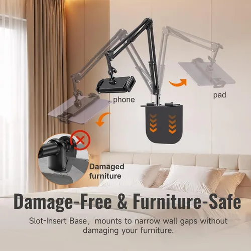 Vista 2 de Soporte de teléfono para cama y Kindle para cama, soporte para teléfono celular, soporte ajustable de metal giratorio de 360° para iPad Pro Air