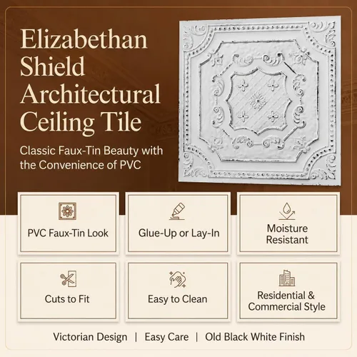 Vista 14 de De normal a hermoso en horas DCT04 Elizabethan Shield - Azulejos de PVC para techo de 2 x 2 pies (cubre 100 pies cuadrados), blanco negro antiguo