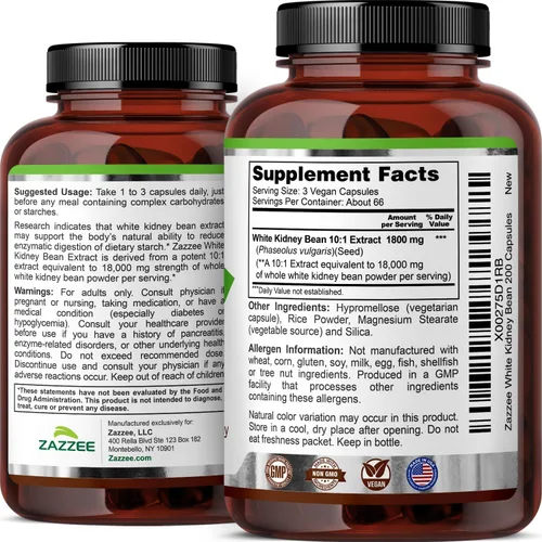 Vista 7 de Zazzee Extracto de frijol blanco 10:1, 1800 mg por porción, 200 cápsulas veganas, suministro para más de 2 meses, Phaseolus vulgaris, soporte