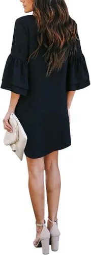 Vista 3 de BELONGSCI Vestido de verano 2024 para mujer, dulce y lindo, con cuello en V, manga acampanada, mini vestido, perfecto para bodas o graduaciones