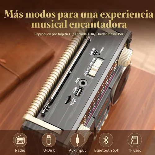 Vista 5 de AM FM Radio Portátil de onda corta Retro Radio Altavoz Bluetooth USB-C recargable, doble altavoz, recepción, perilla grande fácil de usar