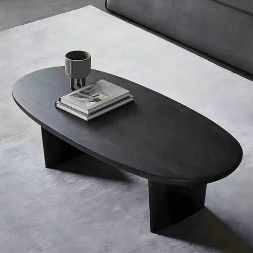 Vista 8 de RUNNUP Mesa de centro de madera negra ovalada, moderna, mesa de centro de decoración para sofá, mesa de cóctel para apartamento pequeño, sala