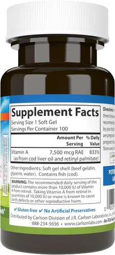 Vista 2 de Carlson Vitamina A, 25000 UI (7500 mcg RAE), Visión Health, 100 cápsulas