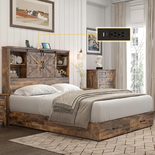 Vista 7 de HOWE Marco de cama de tamaño Queen con cabecera de estantería de 51.2 pulgadas, plataforma de madera con 2 cajones, puerta corrediza de granero