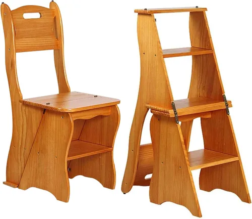 Vista 7 de Silla plegable de madera para biblioteca, taburete multifuncional 2 en 1, ligero, portátil, multifuncional, taburete de 4 escalones de doble Nogal