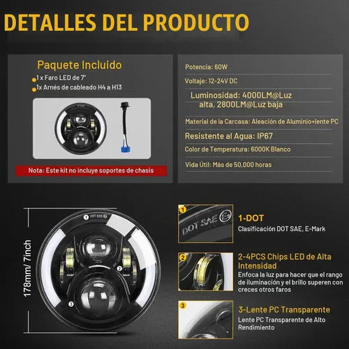 Vista 4 de Faros Delanteros LED de 7 Pulgadas con Aprobación DOT para Proyector Daymaker 2880lm Chip CREE & Philips para Harley Davidson, Faro-2 Road King