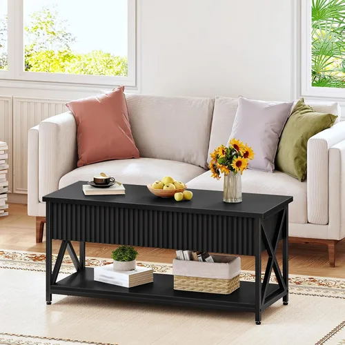 Vista 4 de CHOEZON Mesa auxiliar elevable de 39.4 pulgadas, mesa de centro acanalada con compartimento oculto y estante de almacenamiento, mesa elevadora
