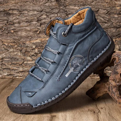 Vista 4 de Dacomfy Zapatos casuales para hombre, botas chukka de piel sintética, con costuras a mano, zapatos de moda, cómodos, zapatos planos para caminar