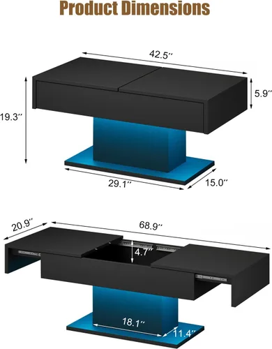 Vista 2 de Mesa de café negra moderna con almacenamiento oculto para sala de estar, mesa central rectangular de sala de estar con tapa deslizante y luces LED