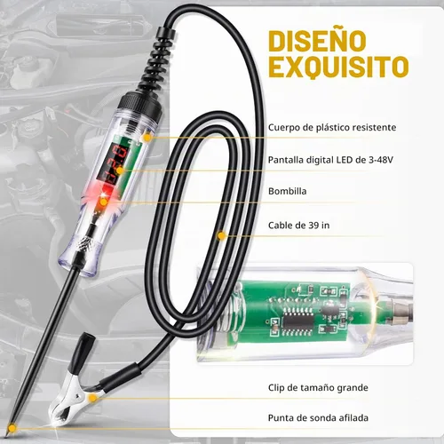 Vista 2 de Probador de Luz Automotriz de Circuito LED Digital de 3-48V, Probador de Luz Automática con Pantalla de Voltaje, Lápiz Probador Eléctrico