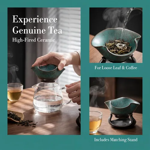 Vista 3 de CALLARON Infusor de té de cerámica, filtro de té de porcelana de hojas sueltas, filtro de té Kungfu con soporte, filtro de café, infusor de té