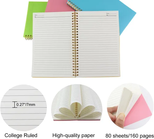 Vista 3 de Cuaderno en espiral con tapa dura de plástico, 5.5" x 8.5", cuaderno universitario con rayas y 4 colores, 80 hojas / 160 páginas por cuaderno