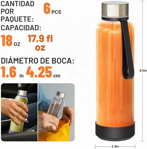 Vista 6 de Sursip Botellas de agua de vidrio de 18 onzas con tapas, botellas de jugo, botella de jugo de vidrio transparente para exprimir, botellas de jugo