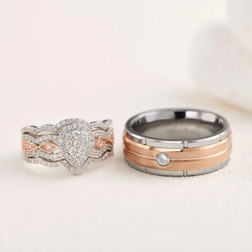Vista 4 de Newshe Jewellery Juego de anillos de boda para él y ella, AAAAA, circonita cúbica, bandas de tungsteno para hombre y mujer, plata de ley 925, oro