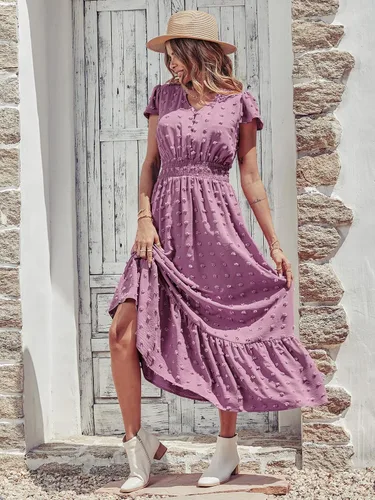 Vista 4 de PRETTYGARDEN - Vestido bohemio de manga corta con cuello en V y plumetí con volantes, vestido maxi fruncido de cóctel