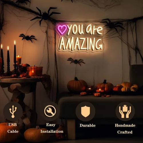 Vista 2 de Letrero de neón "You Are Amazing" para decoración de pared para dormitorio, aula, bar, pub, club, guardería, colgante, luz LED rosa USB regulable