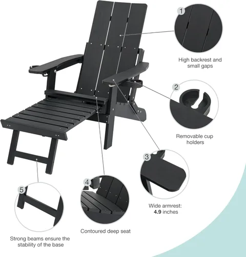 Vista 6 de Mega Casa Silla Adirondack Poly Lumber con portavasos, otomana y cojín, respaldo ajustable, material HIPS resistente a todo tipo de clima