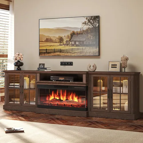 Vista 18 de Mueble de TV de estilo granja de 98" con chimenea de 36" para televisores de hasta 100", centro de entretenimiento multimedia con estantes 2-Blanco