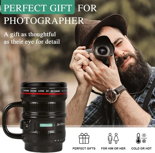 Vista 6 de Cabtnca Taza de café con lente de cámara de 16 onzas, regalos de fotografía geniales para fotógrafos de Navidad, divertida taza de café de cerámica