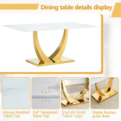Vista 4 de Juego de mesa de comedor blanca para 6, 71 pulgadas, juego de mesa de comedor de mármol sintético para 6 Modern Dining Table Set for 6, Black PU