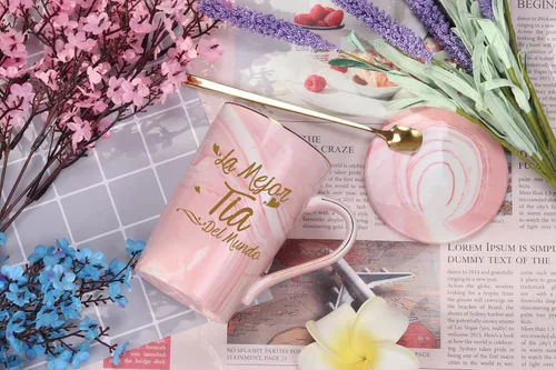Vista 2 de WENSSY La Mejor Taza Tia Del Mundo, regalos en español para tía de parte de sobrina, cumpleaños, día de la madre, 14 onzas, rosa con caja de regalo