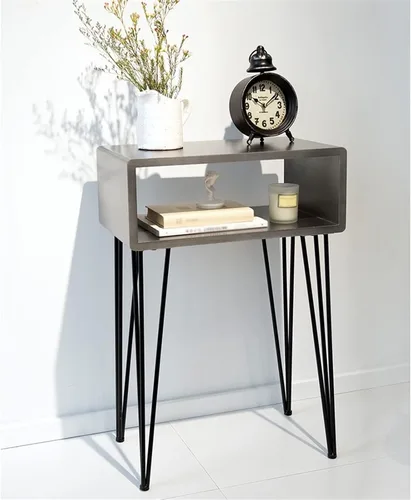 Vista 5 de Mesa auxiliar rectangular para sala de estar, mesa auxiliar rectangular moderna de 2 capas de almacenamiento hueco de metal, pequeña mesa auxiliar