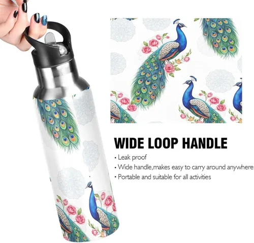Vista 4 de Stainless Steel Vacuum Insulated Water Bottle 20 Oz, BPA-Free Sport Water Bottle for Gym Outdoor Travel School, Peacocks Blue Green Feathers