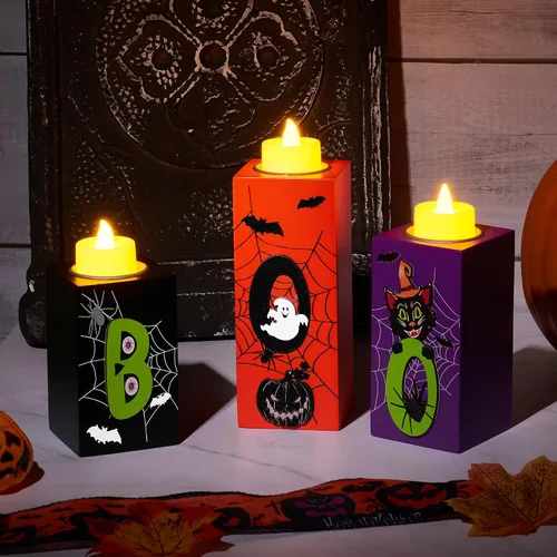 Vista 4 de BlcTec Decoraciones de Halloween, 3 PIEZAS Portavelas de Madera de Halloween con Luces de Té LED y Tallado 3D, Centros de Mesa de Velas de Madera