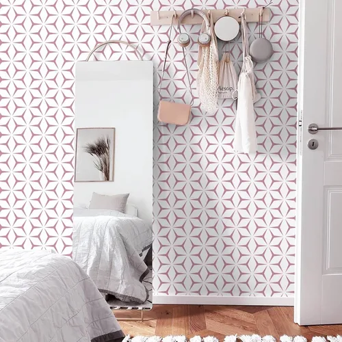 Vista 2 de Heroad Papel tapiz de color rosa moderno para despegar y pegar, papel de contacto bohemio geométrico rosa para armarios y cajones, apto